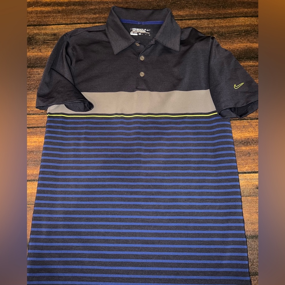 Men’s small tour performance striped navy blue golf polo